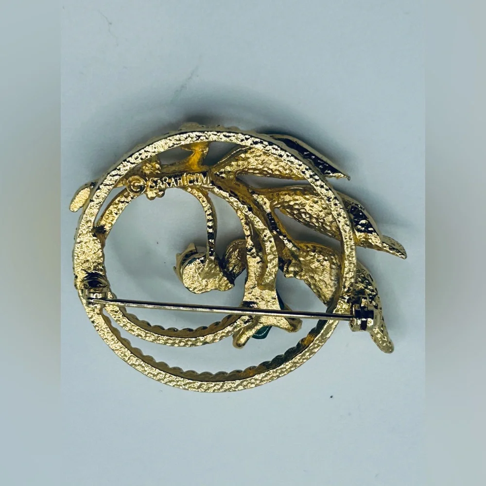 Vintage Sarah Coventry Asian jade & pearl brooch gold tone leaves nature zen